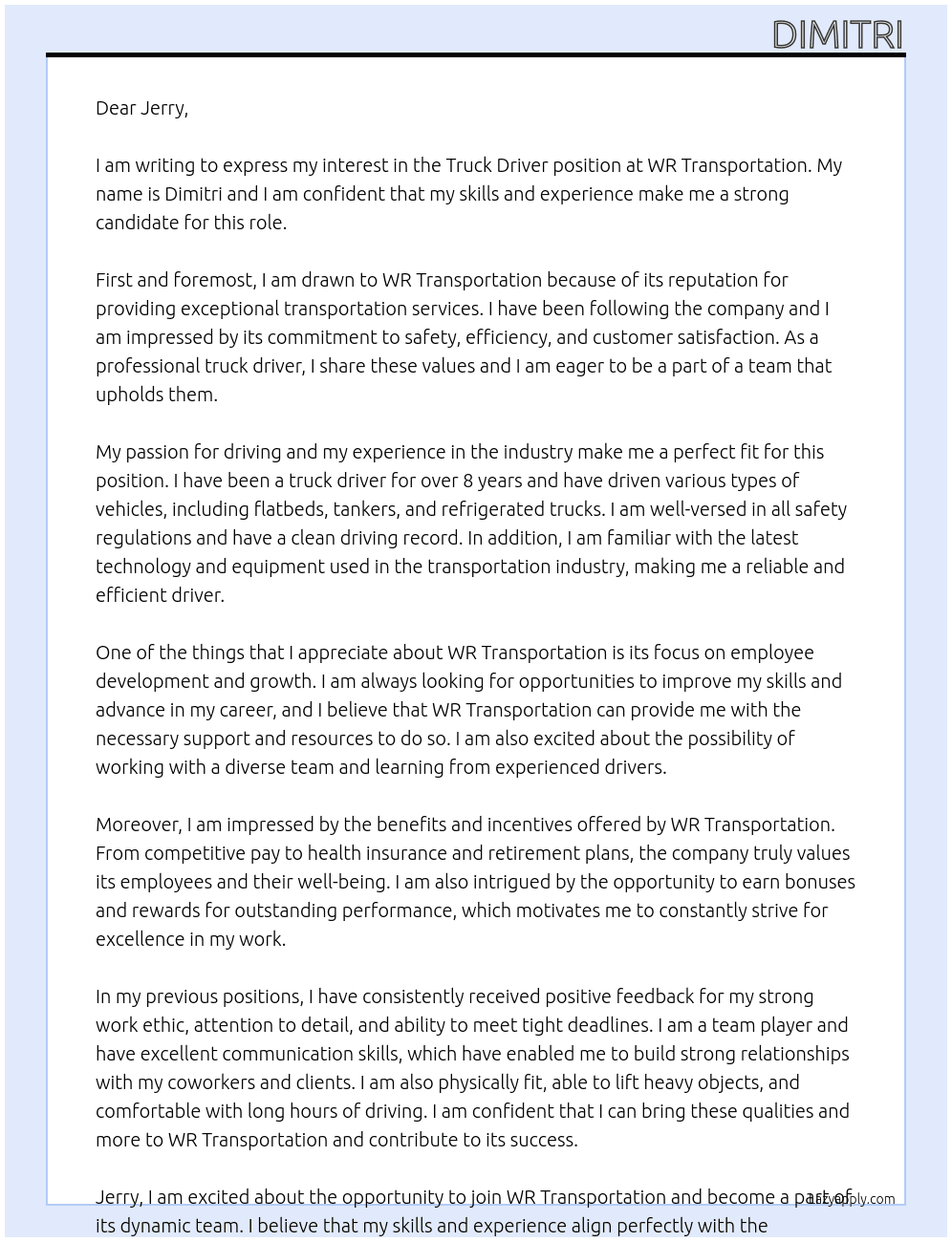 truck driver At WR Transportation Cover Letter