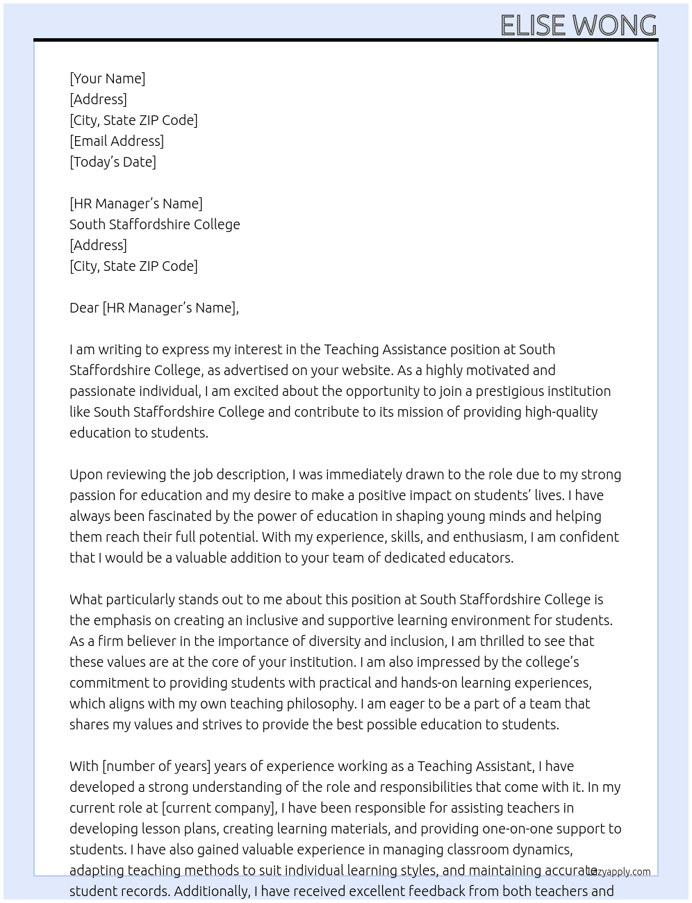 Teaching Assistance At South Staffordshire College Cover Letter