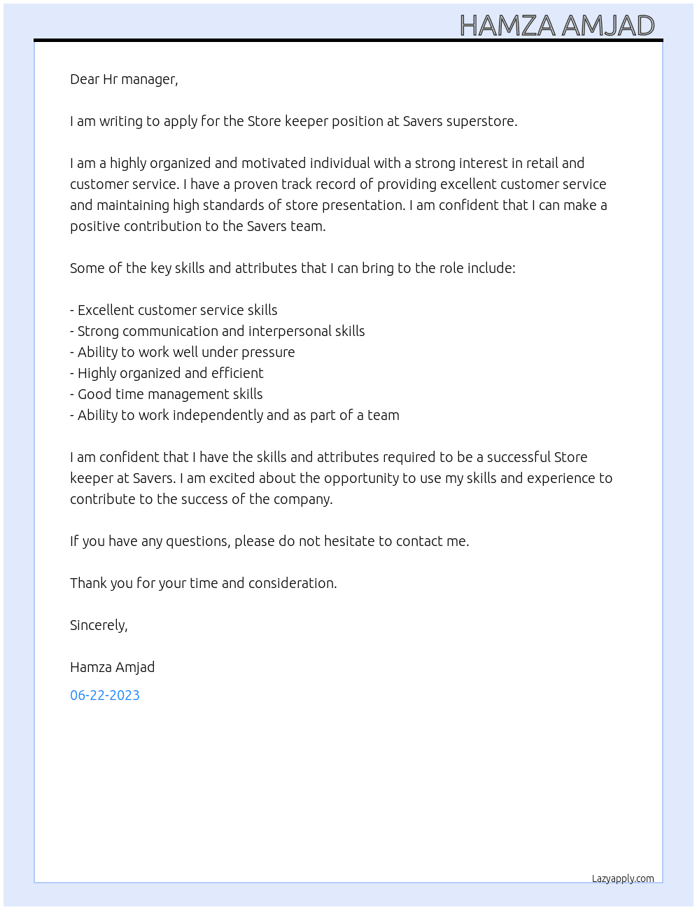 Store keeper  At Savers superstore  Cover Letter
