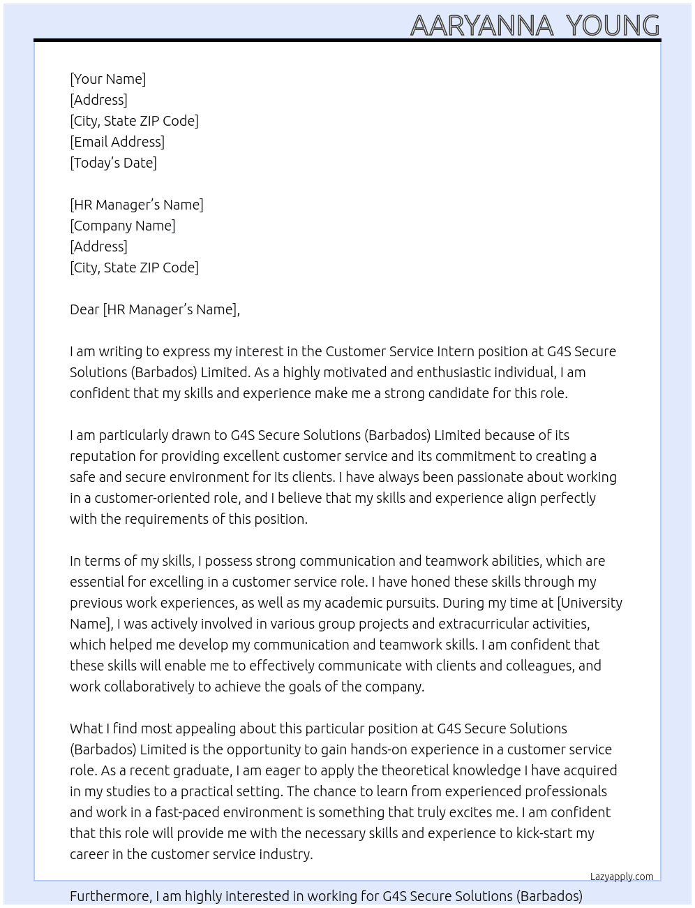 Cover letter for customer service intern - LazyApply