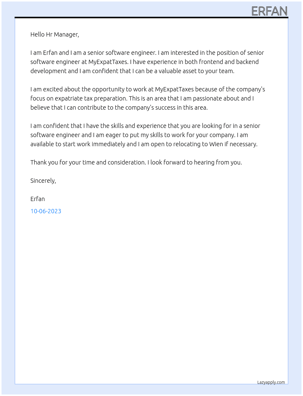 Senior Software engineer  At MyExpatTaxes Cover Letter