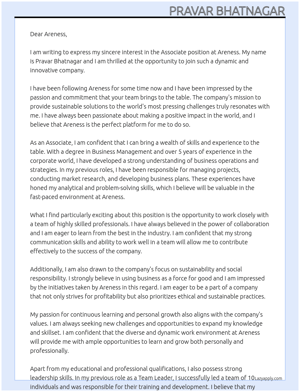 Associate At Areness Cover Letter