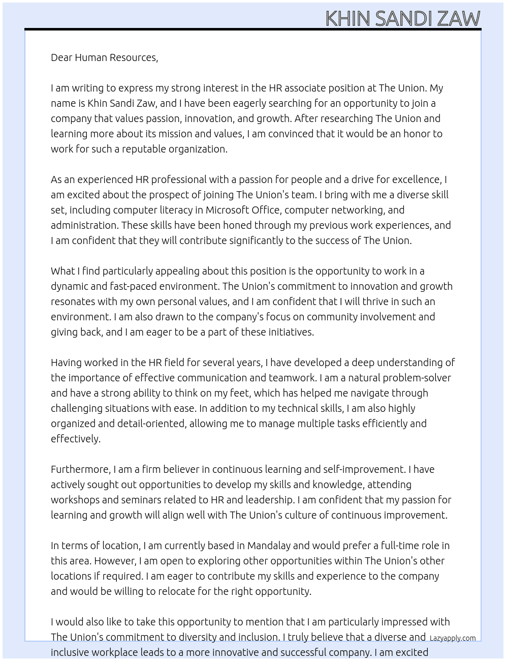 HR associate At The Union Cover Letter