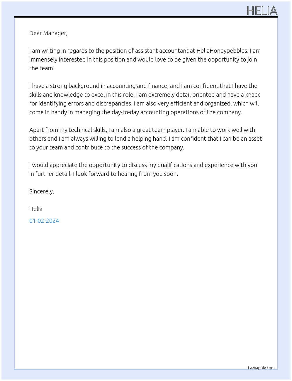 assistant accoutant At HeliaHoneypebbles Cover Letter