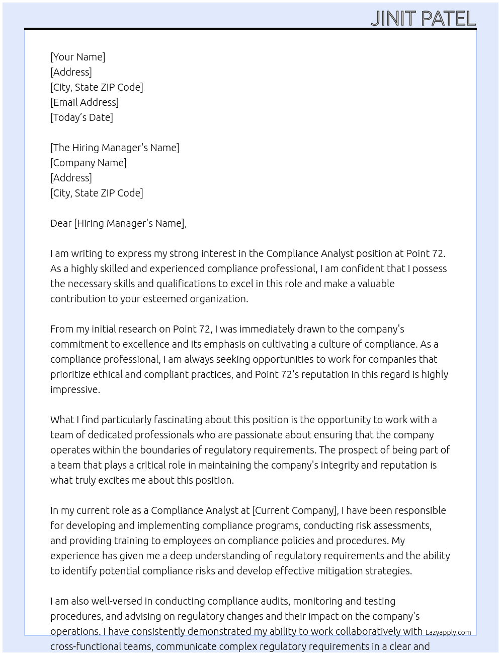 COMPLIANCE ANALYST At Point 72 Cover Letter