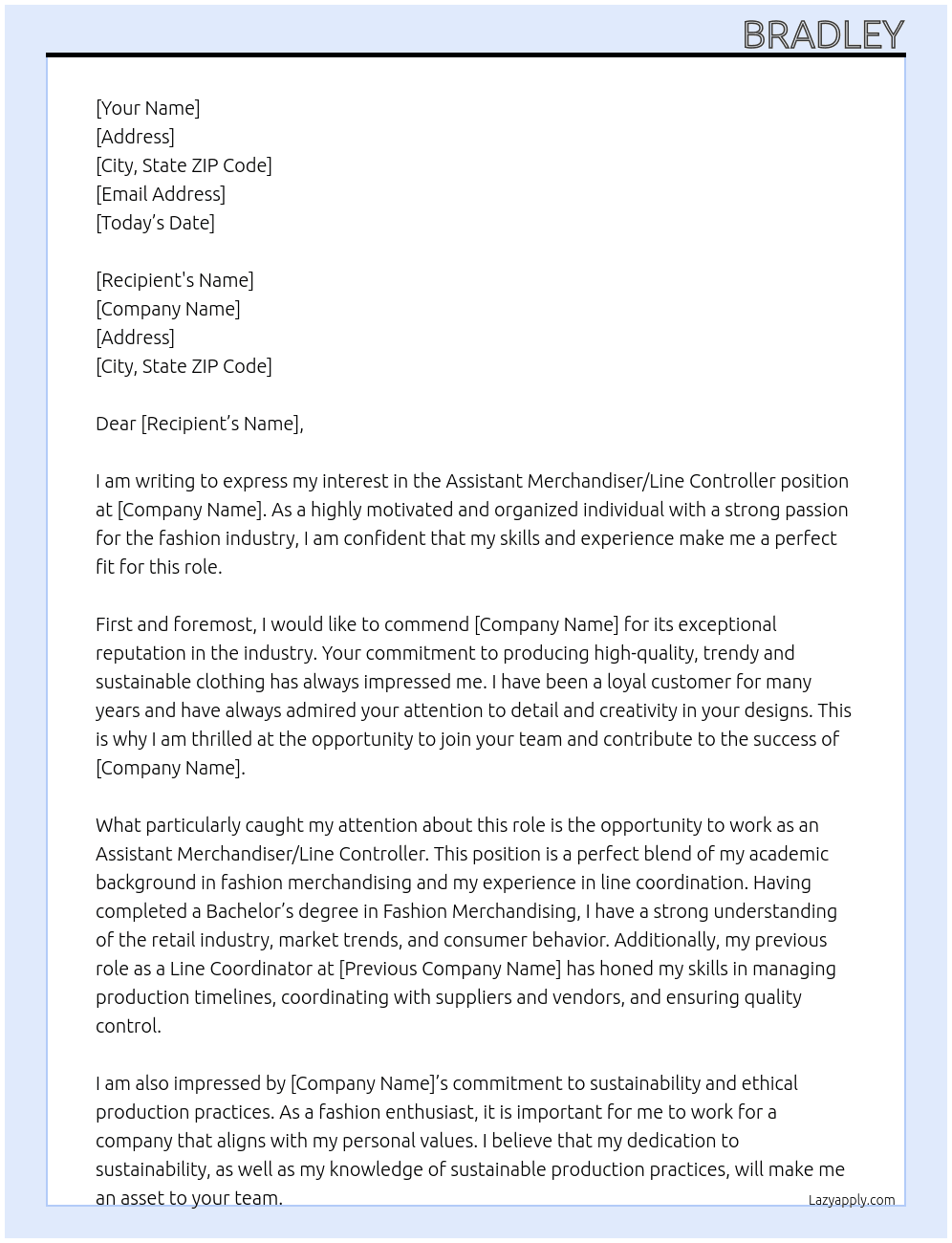 Assistant merchandiser/Line controller At tttt Cover Letter