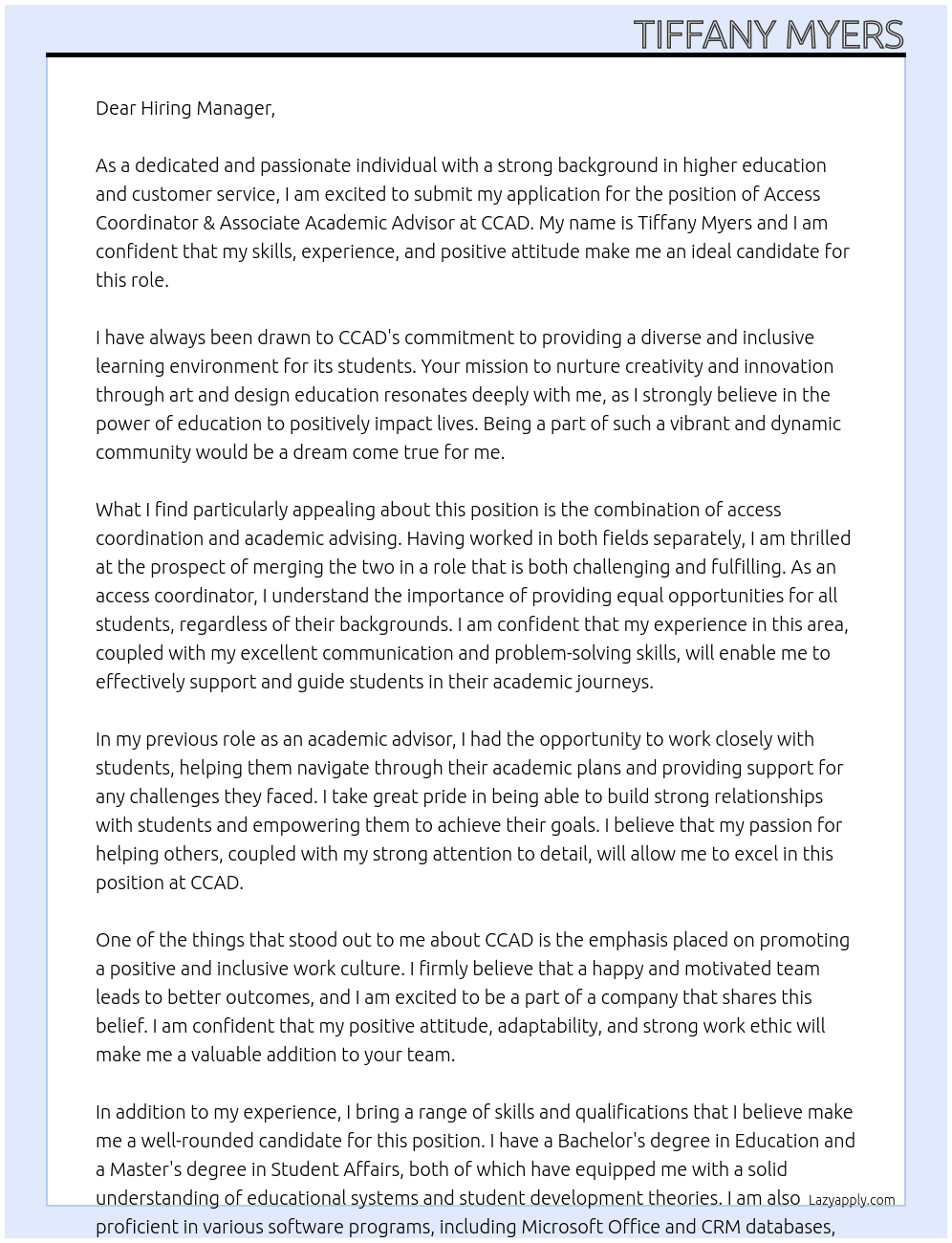 Access Coordinator & Associate Academic Advisor At CCAD Cover Letter
