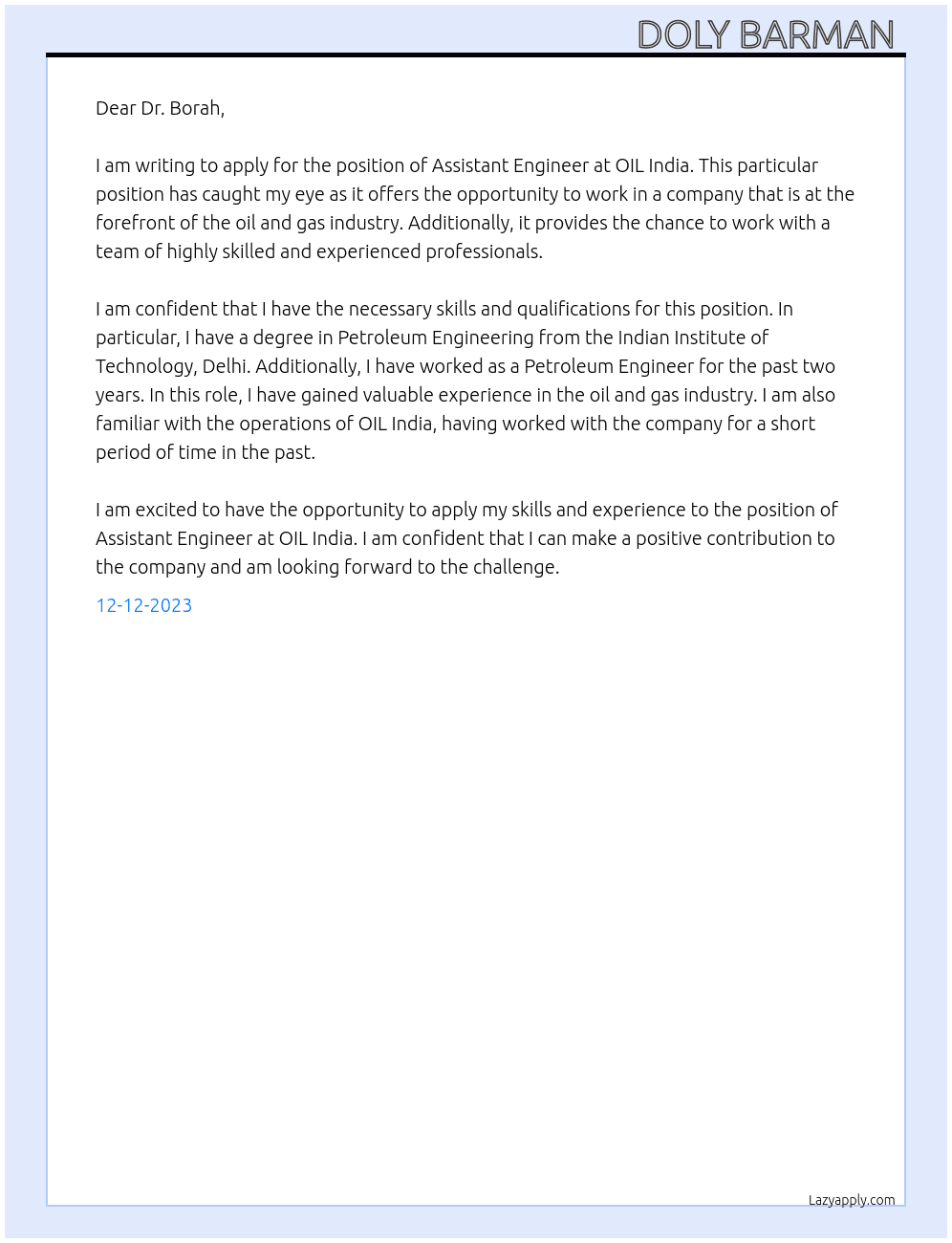 Assistant engineer  At OIL India  Cover Letter