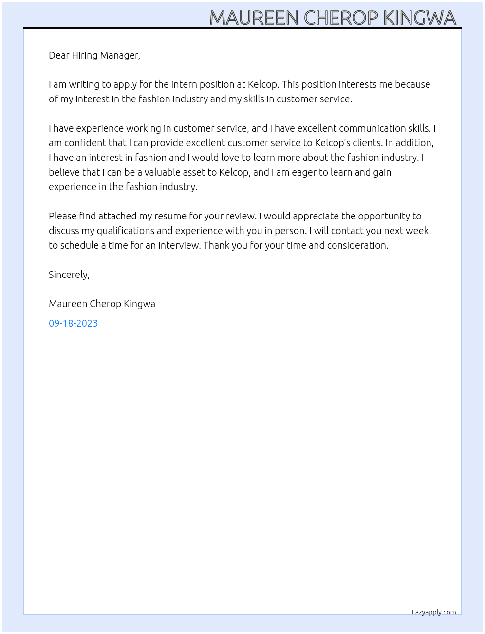 intern At Kelcop Cover Letter