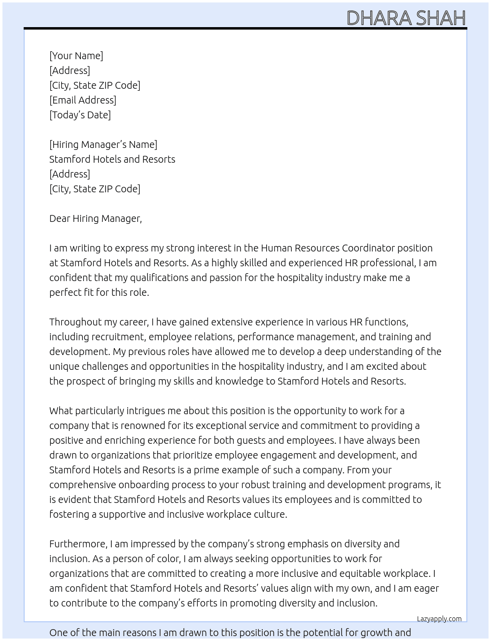 Human resources coordinator At Stamford Hotels and Resorts Cover Letter