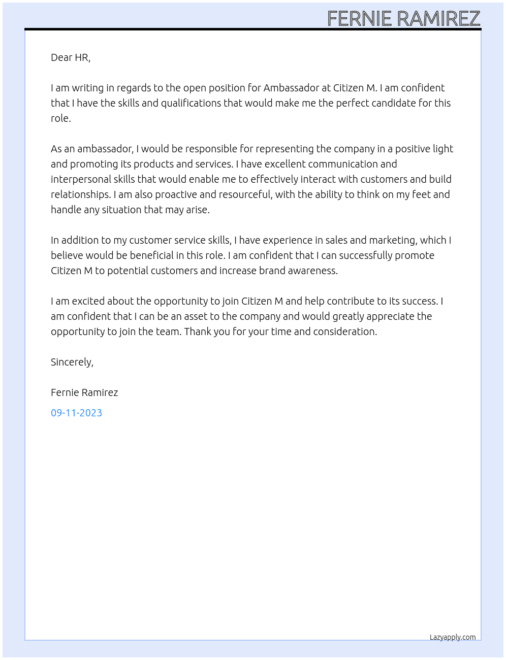 Ambassador  At Citizen M Cover Letter