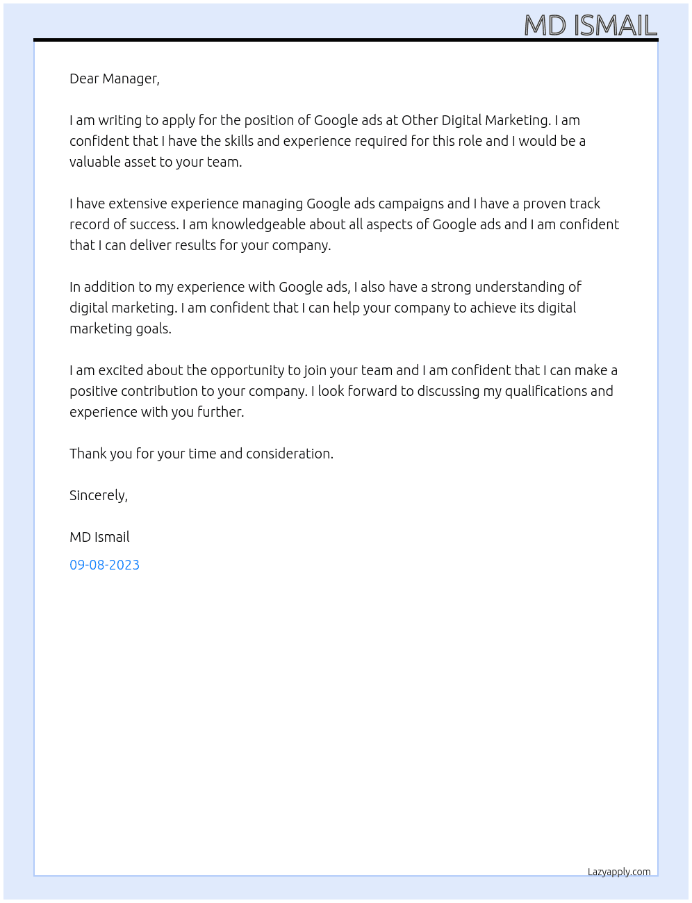 Google ads At Other Digital Marketing Cover Letter