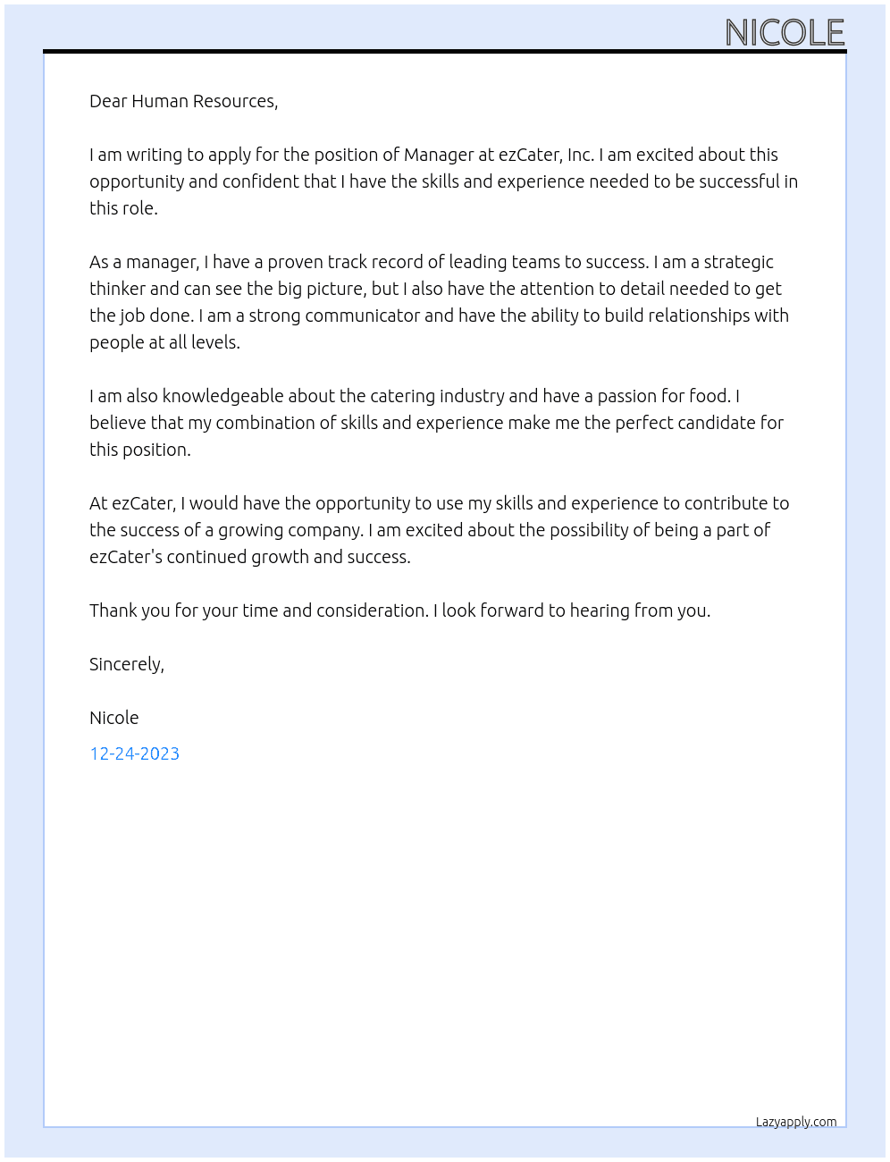 Manager At ezCater, Inc. Cover Letter