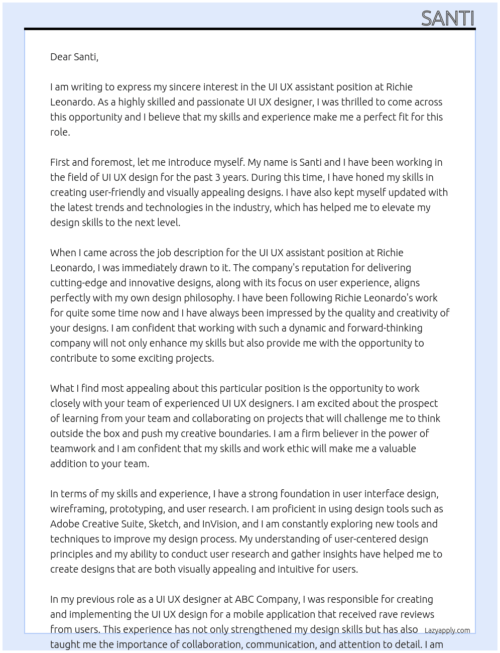 UI UX assistant At Richie Leonardo Cover Letter