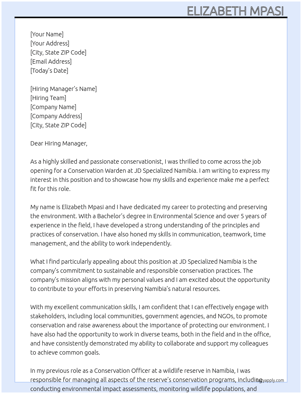 Conservation warden  At JD Specialized Namibia  Cover Letter