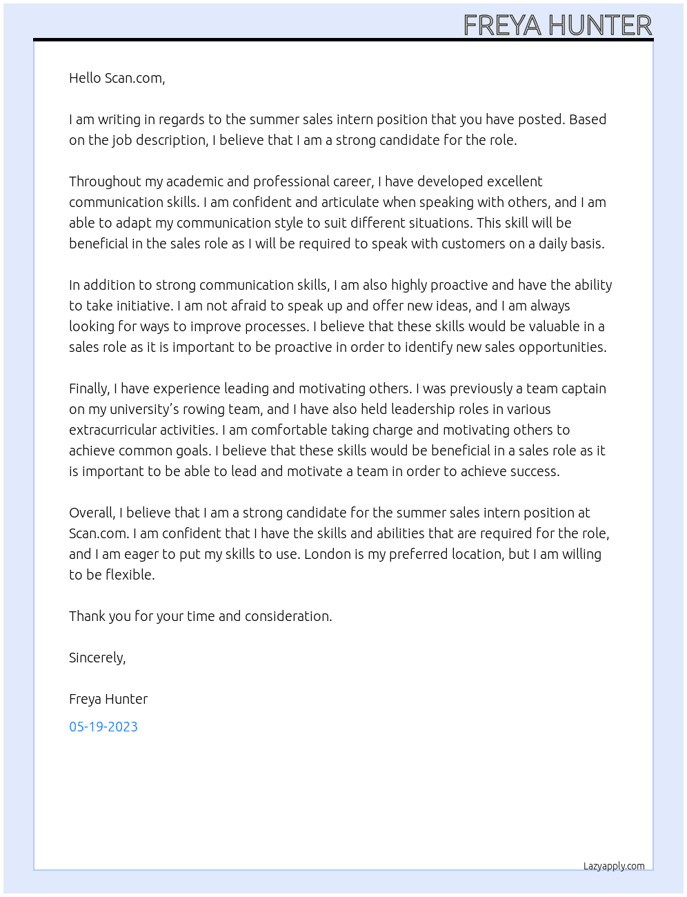 summer sales  intern  At Scan.com Cover Letter