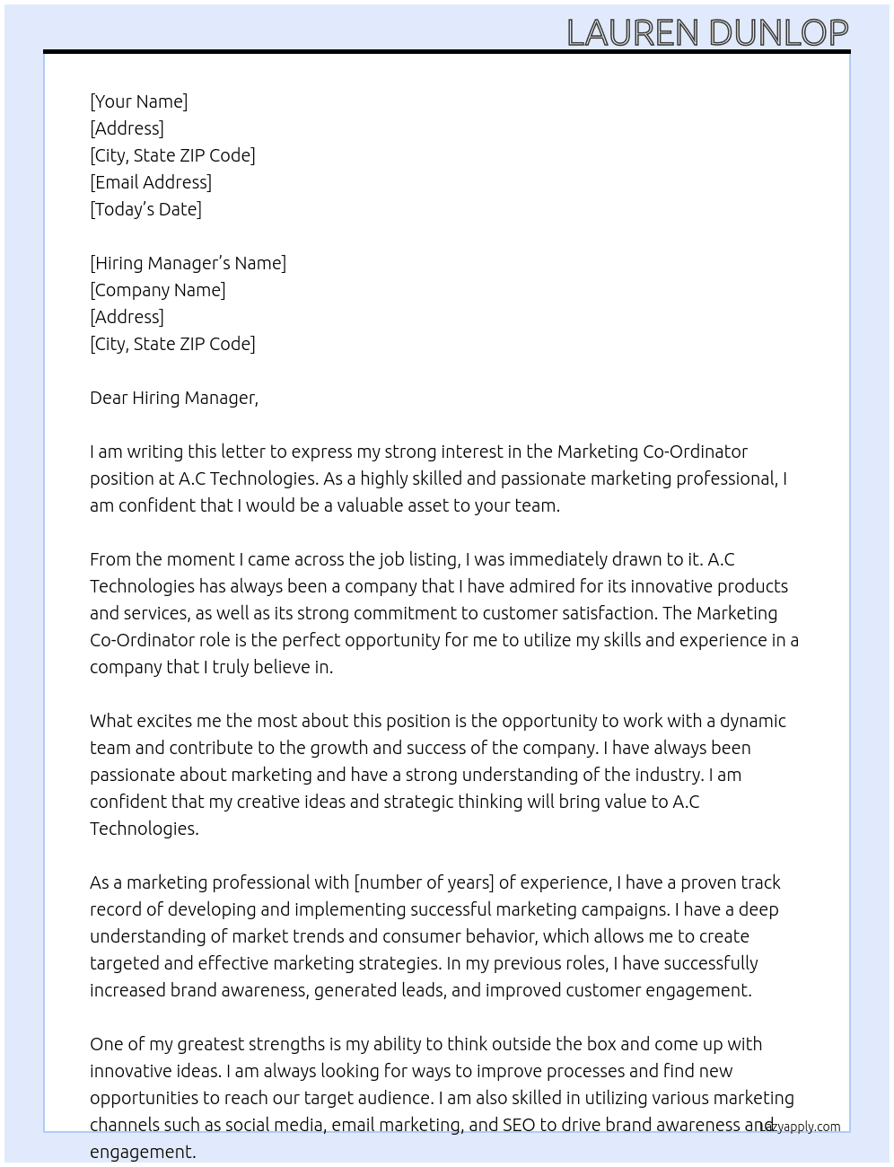 Marketing Co-Ordinator At A.C Technologies Cover Letter