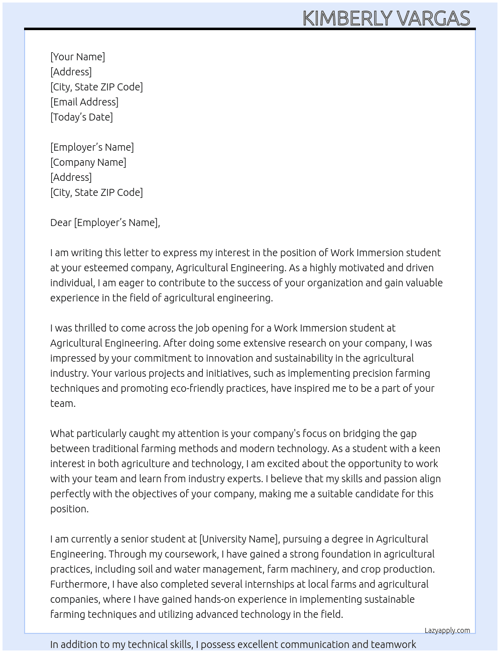 Work Immersion student  At Agricultural Engineering  Cover Letter