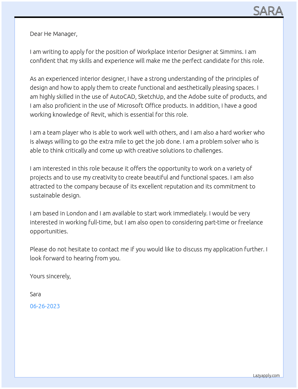 Workplace Interior designer  At Simmins Cover Letter
