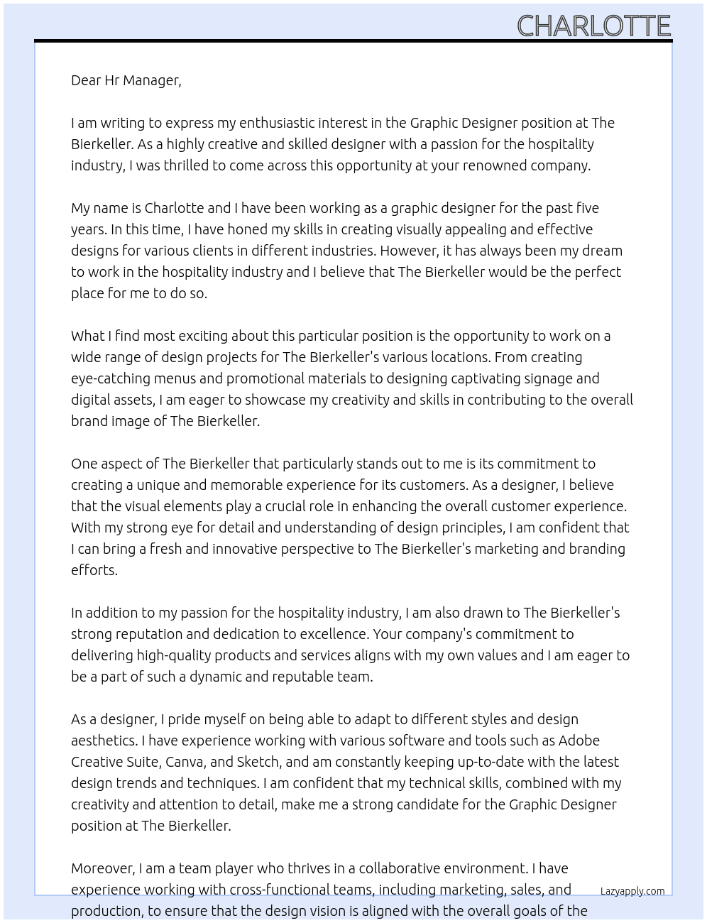 Graphic Designer At The Bierkeller Cover Letter