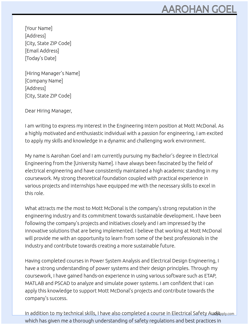 Engineering Intern At Mott McDonal Cover Letter
