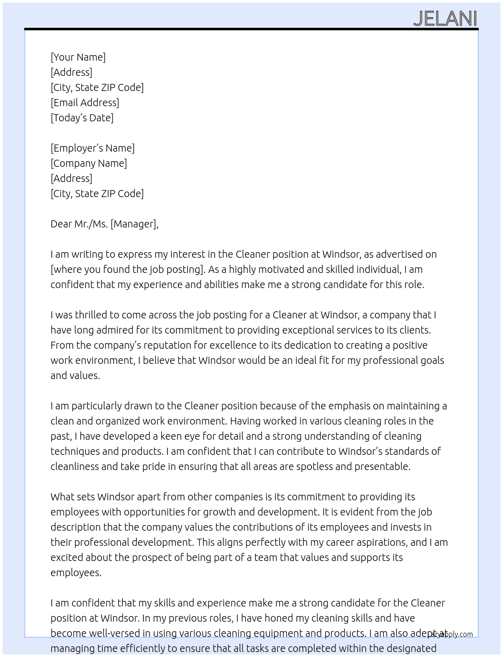 Cleaner At Windsor  Cover Letter