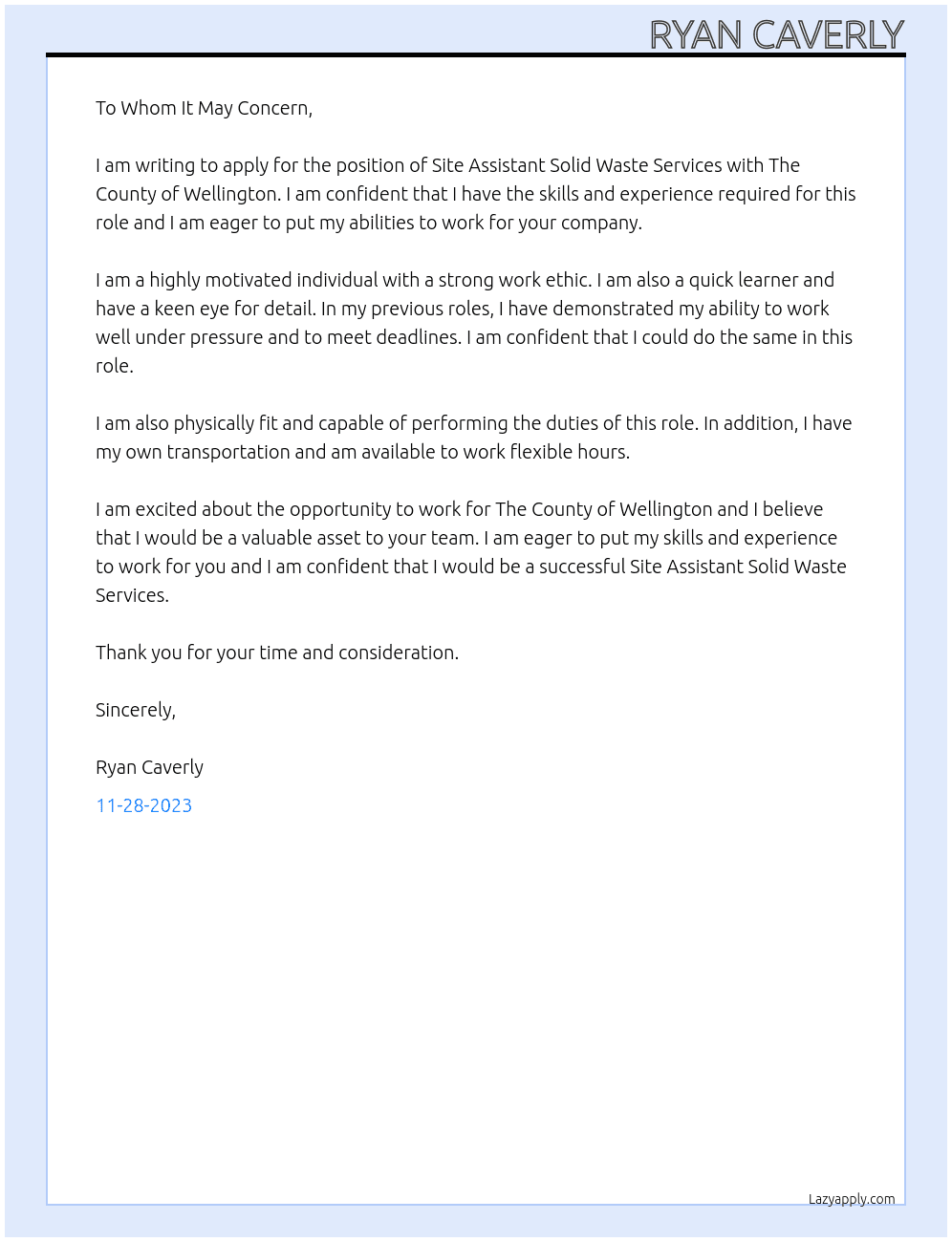 Site Assistant Solid Waste Services At The County of Wellington Cover Letter