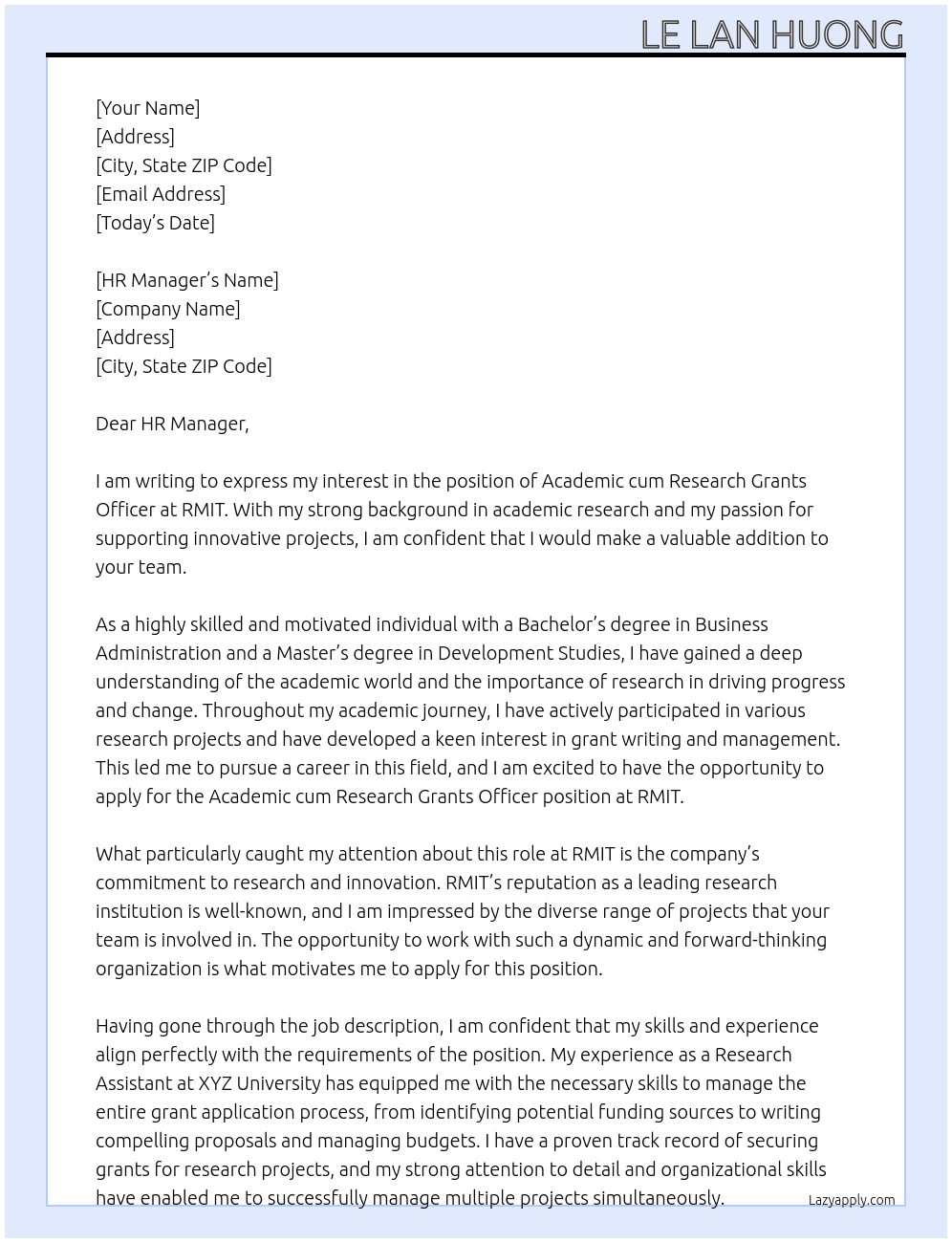 Academic cum Research Grants Officer At RMIT Cover Letter