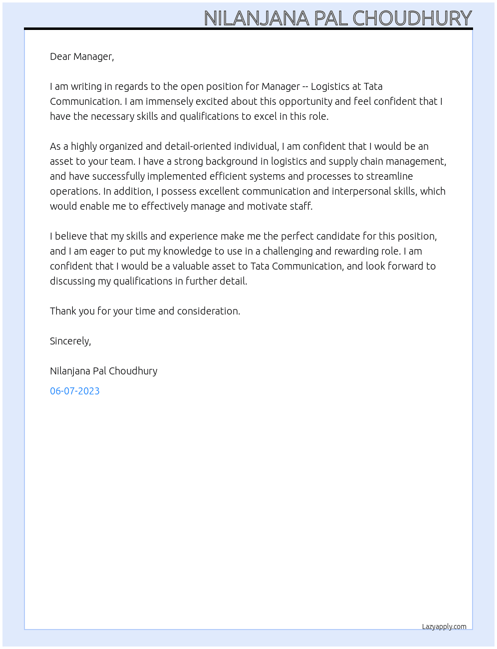 Manager -- Logistics At Tata Communication Cover Letter