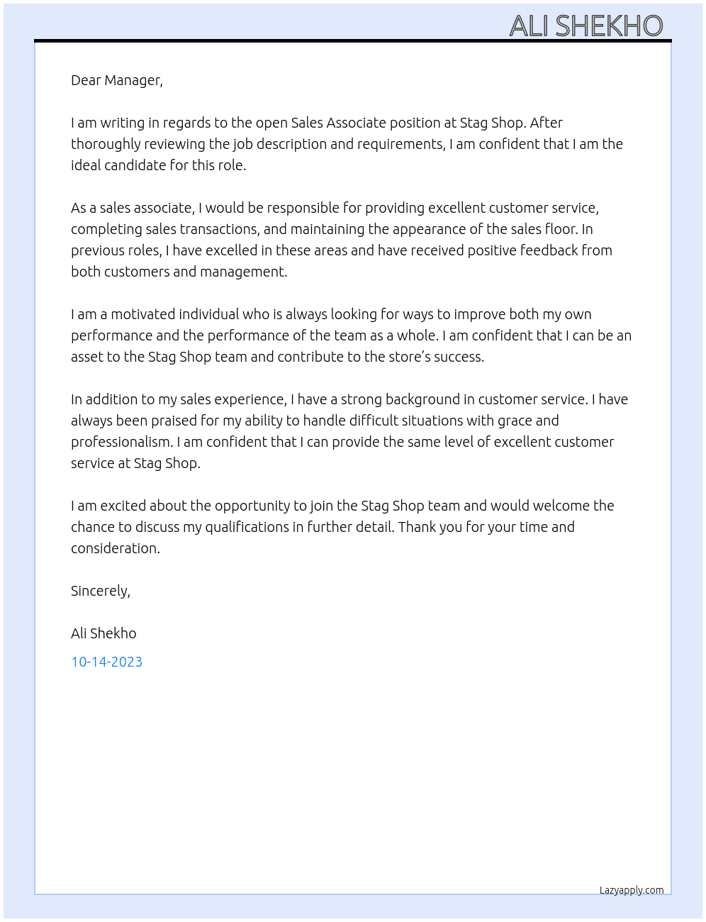 Sales associate  At Stag Shop Cover Letter