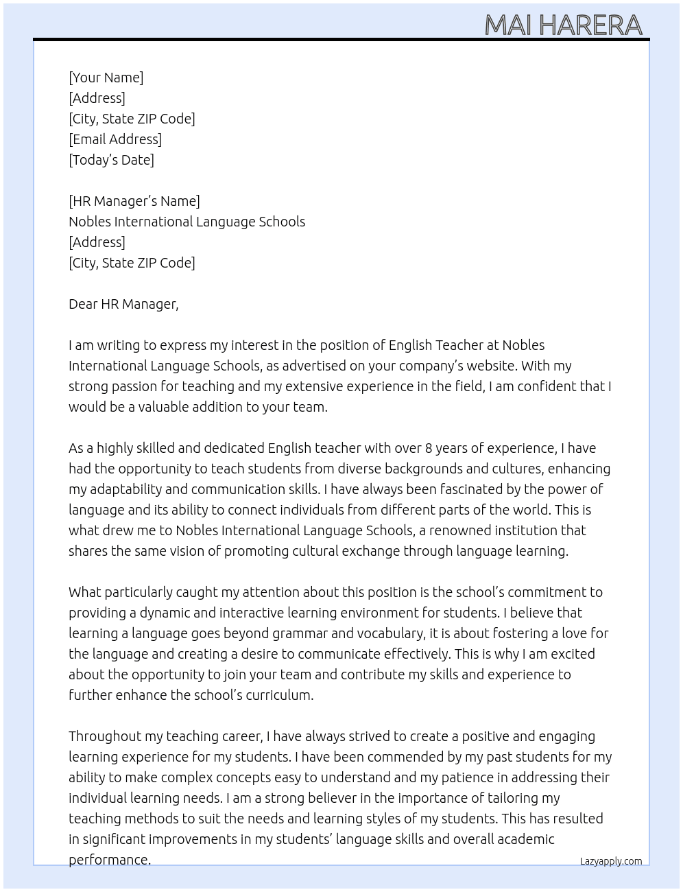 English teacher  At Nobles International Language Schools  Cover Letter