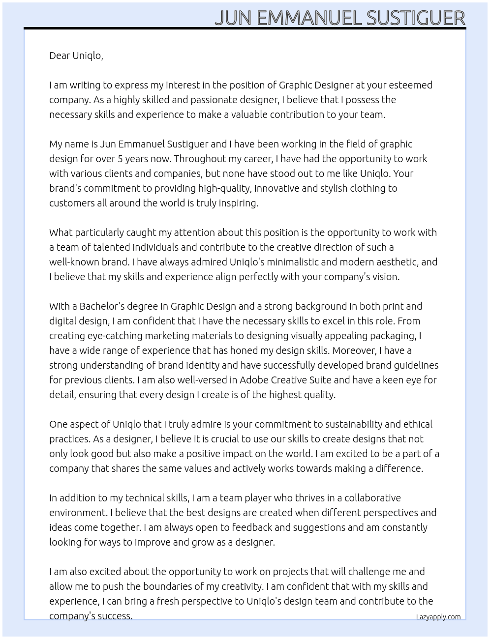 graphic design At uniqlo Cover Letter