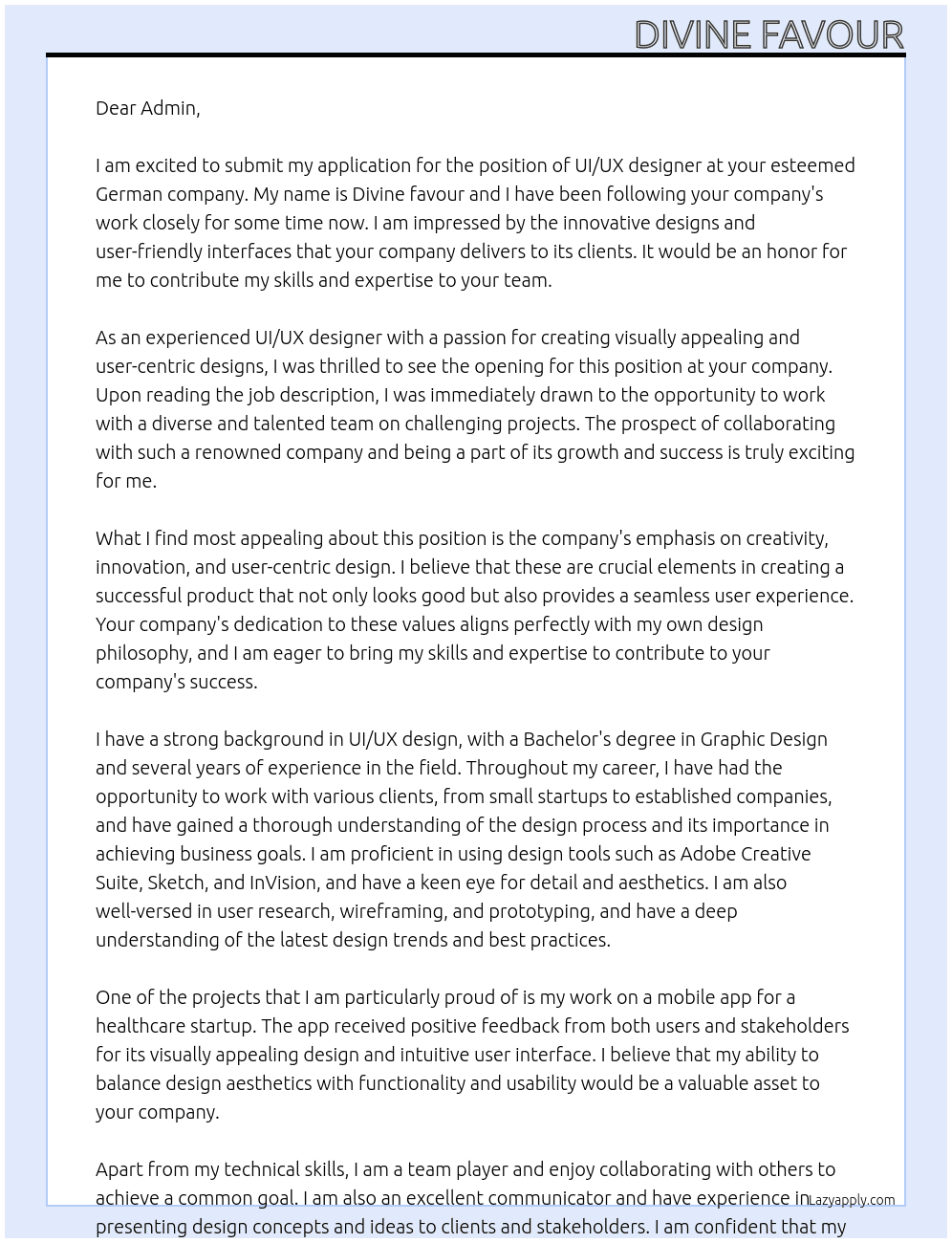 UI/UX designer  At German company Cover Letter