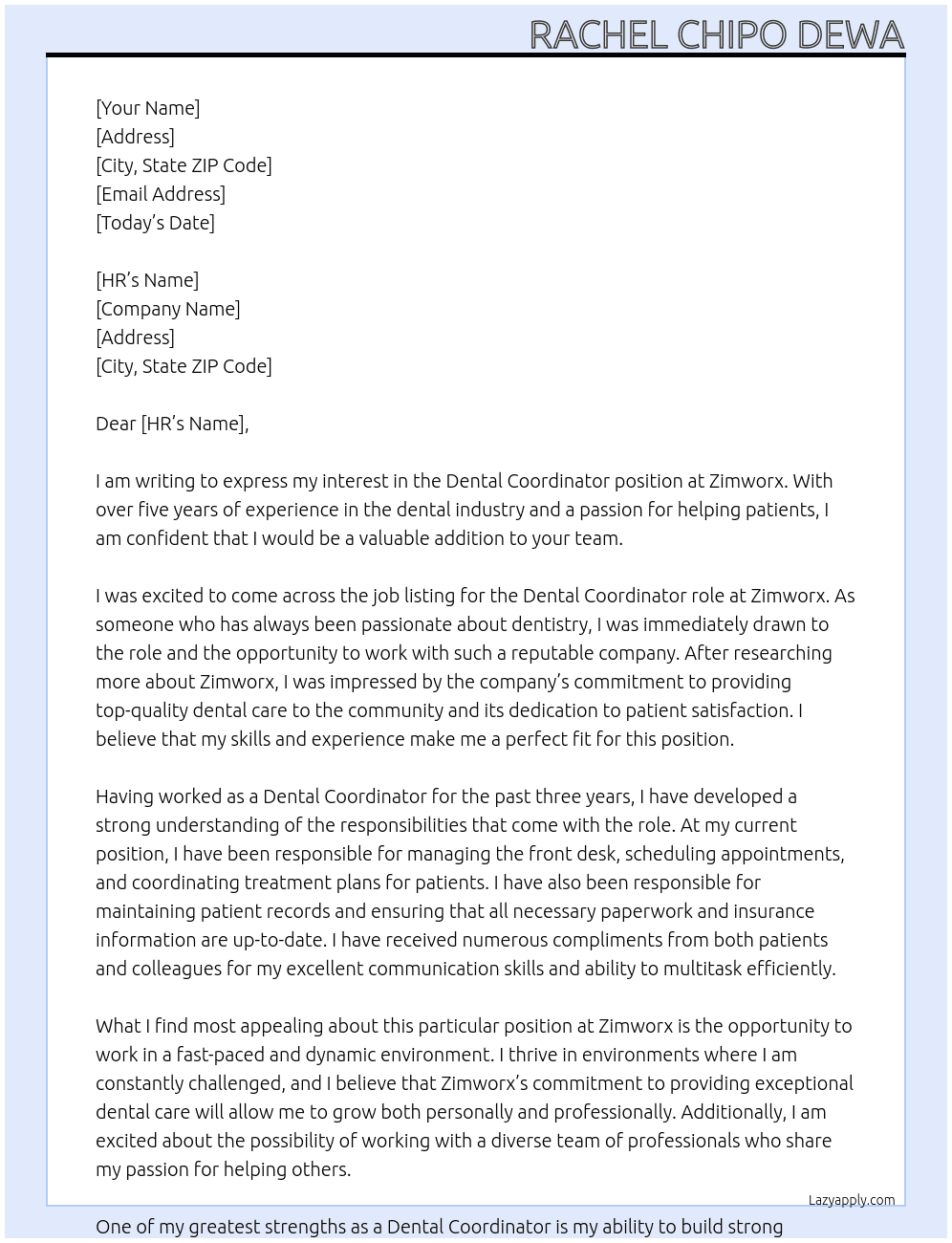 Dental coordinator  At Zimworx Cover Letter