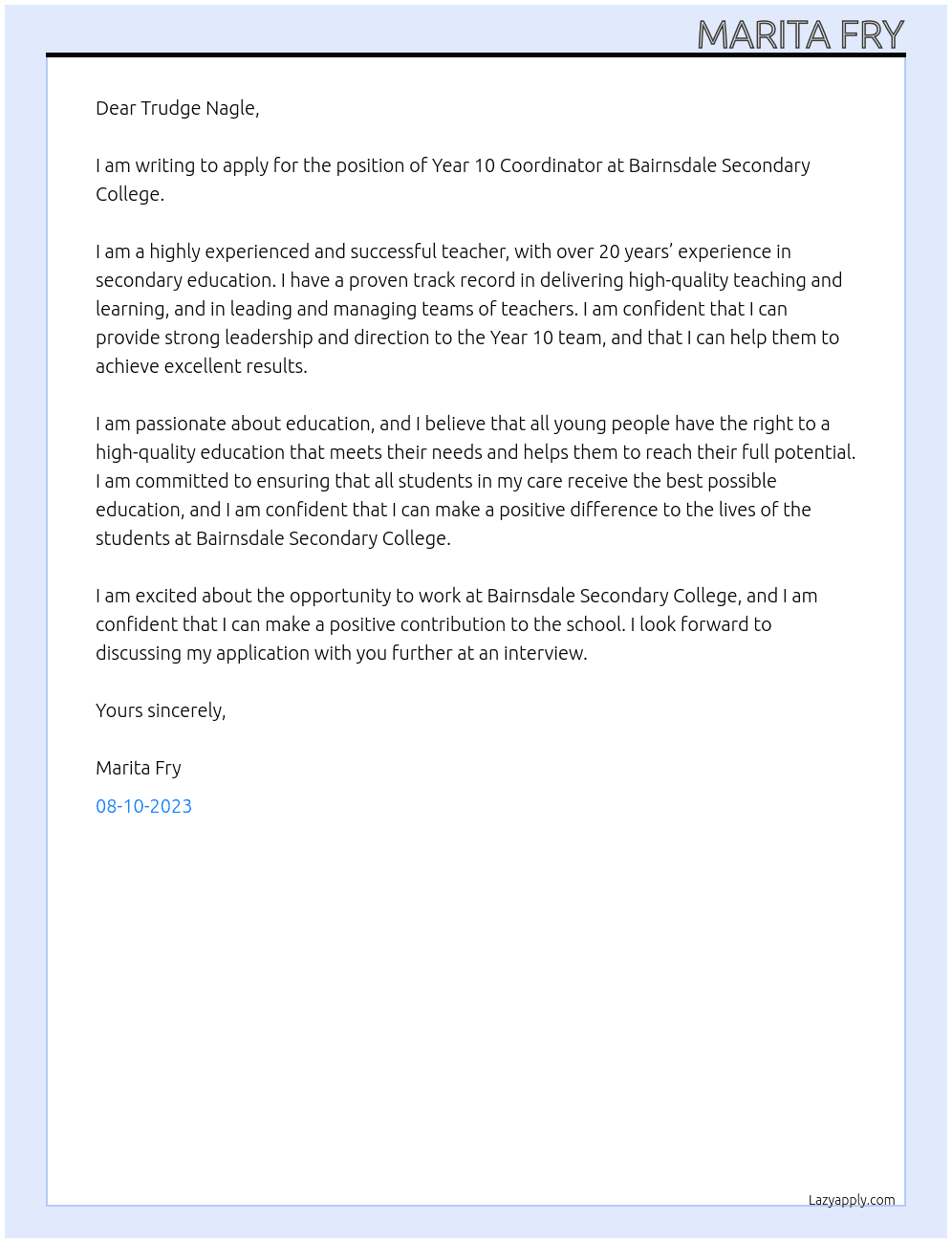 Year 10 Coordinator  At Bairnsdale Secondary College  Cover Letter