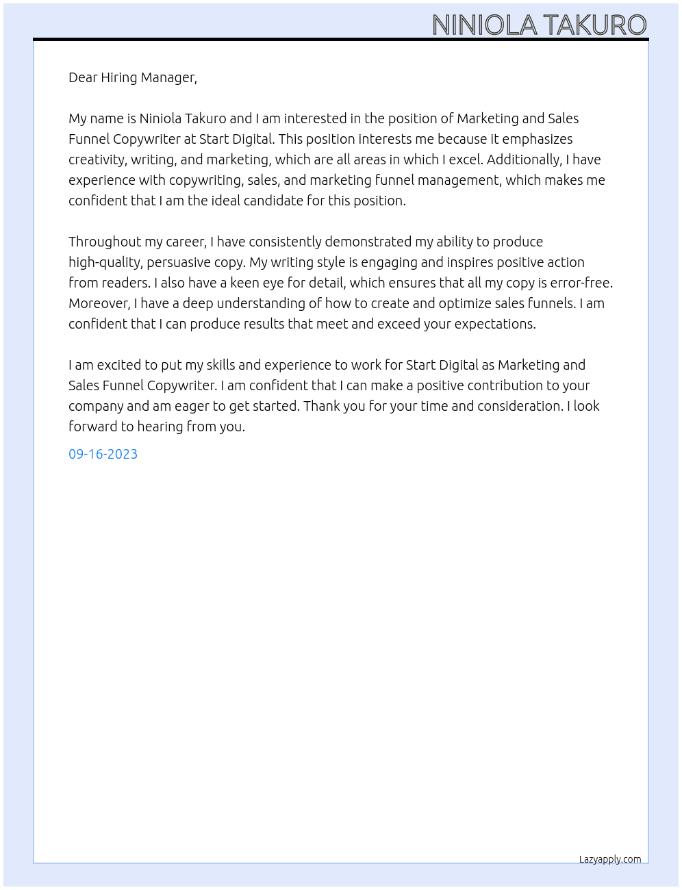 Marketing and Sales Funnel Copywriter At Start Digital Cover Letter
