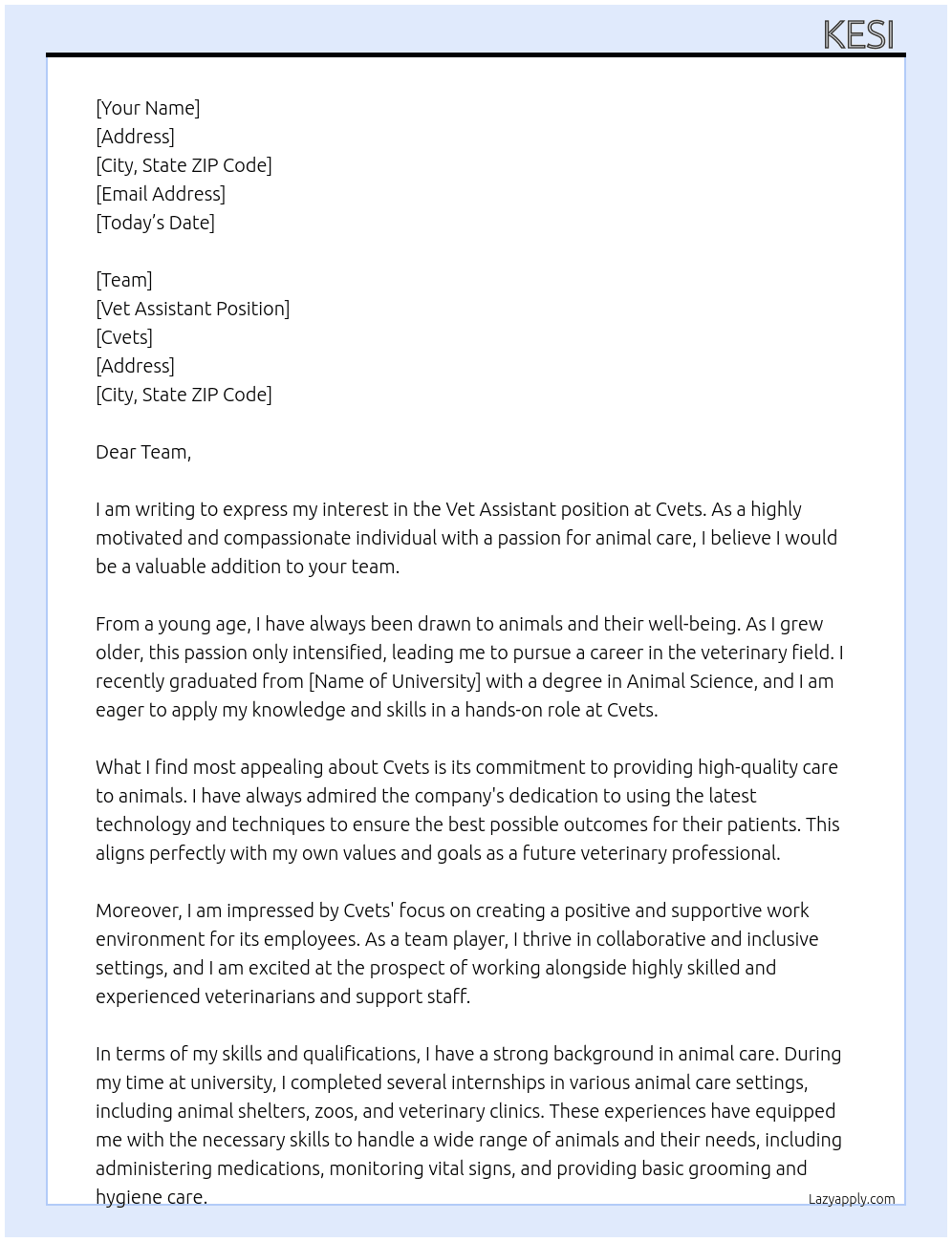 Vet assistant  At Cvets Cover Letter