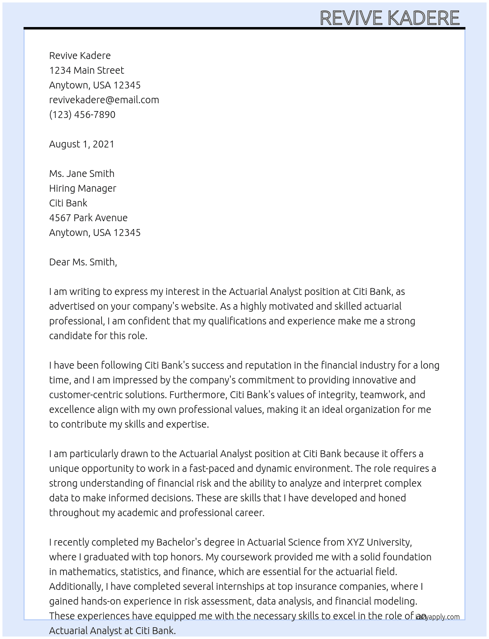 Actuarial analyst  At Citi Bank Cover Letter