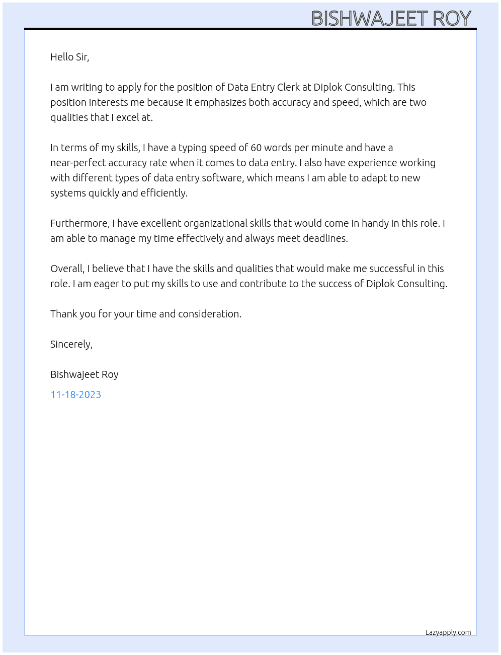 Data entry clerk  At Diplok consulting  Cover Letter