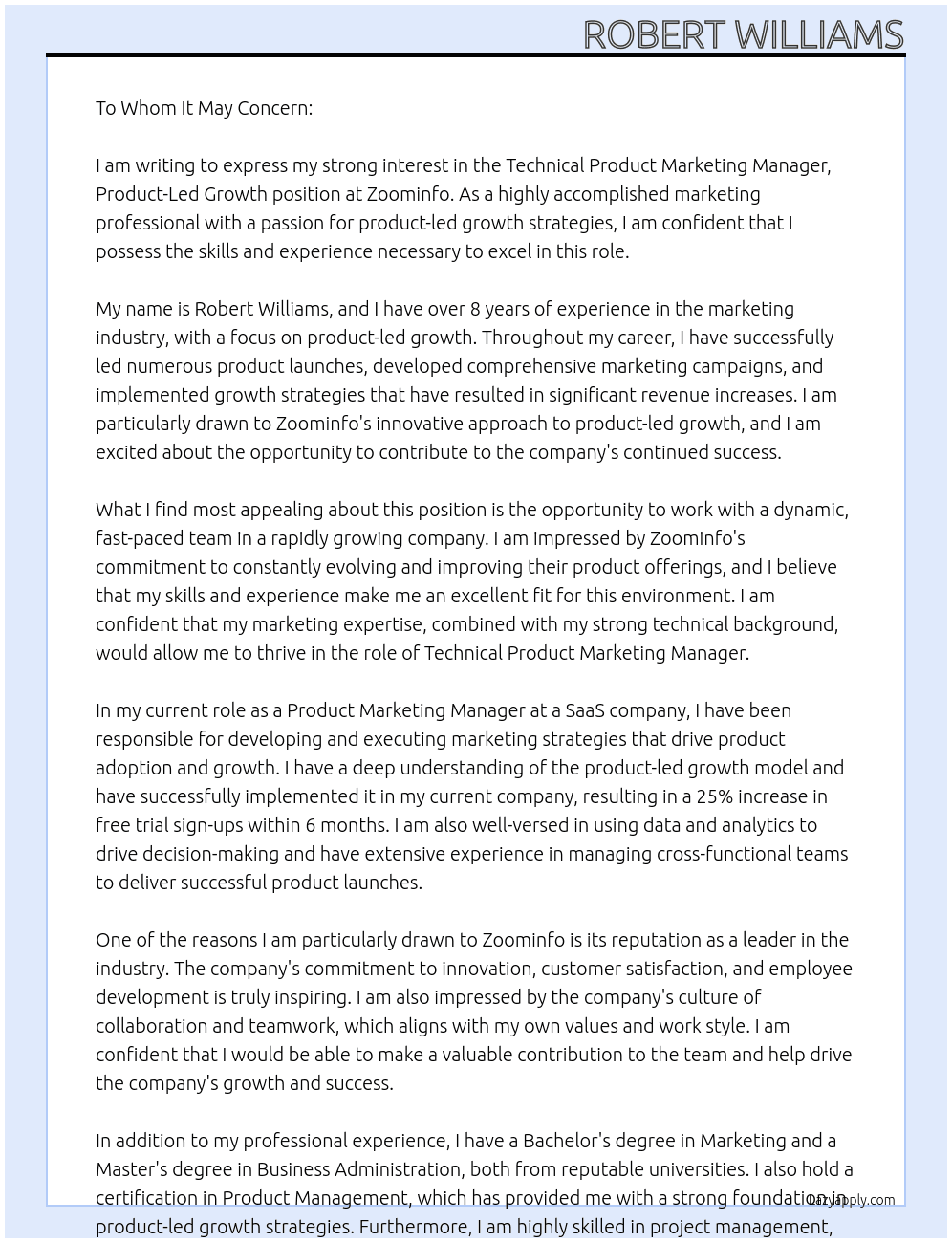 Technical Product Marketing Manager, Product-Led Growth At Zoominfo Cover Letter