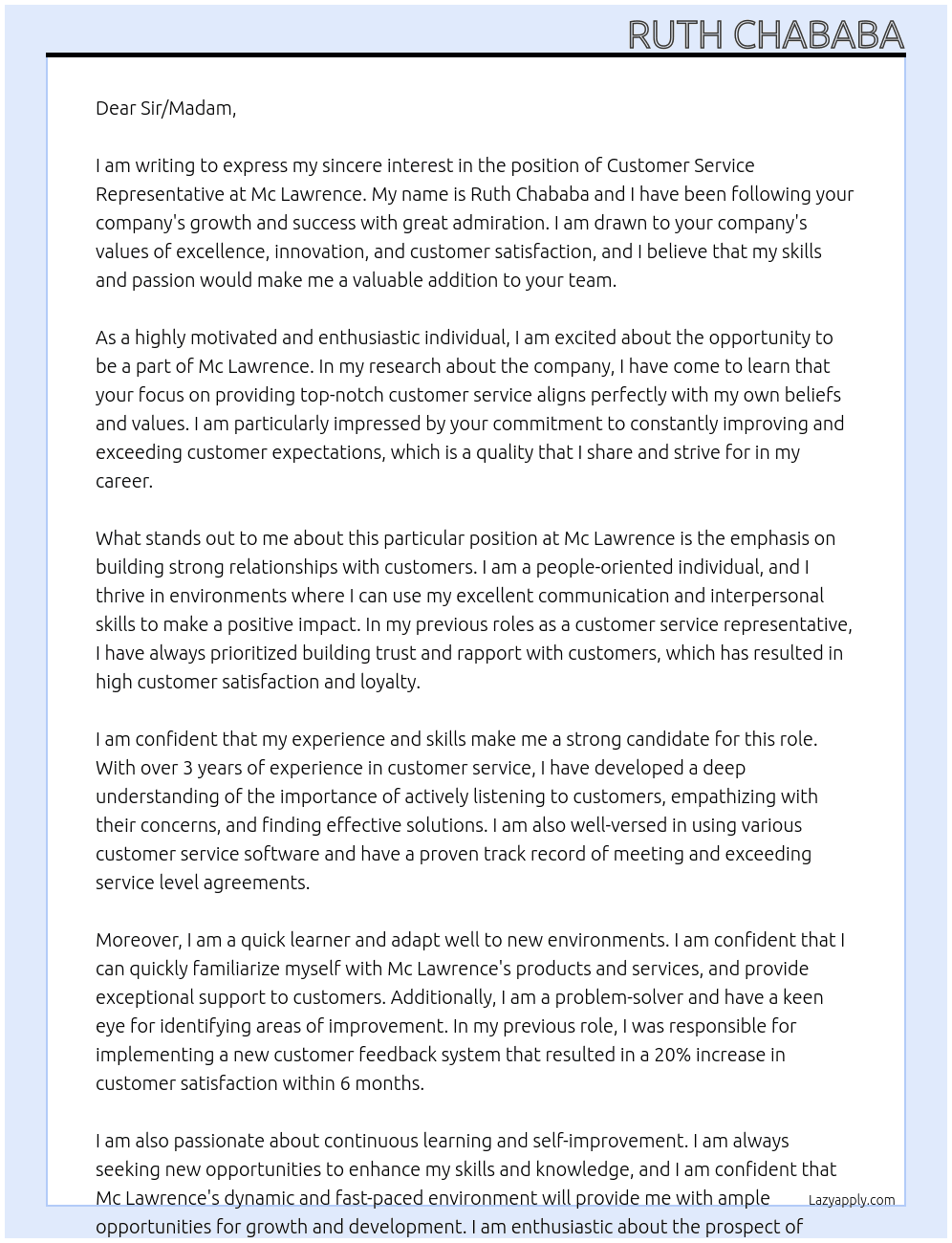 Customer service representative  At Mc Lawrence Cover Letter