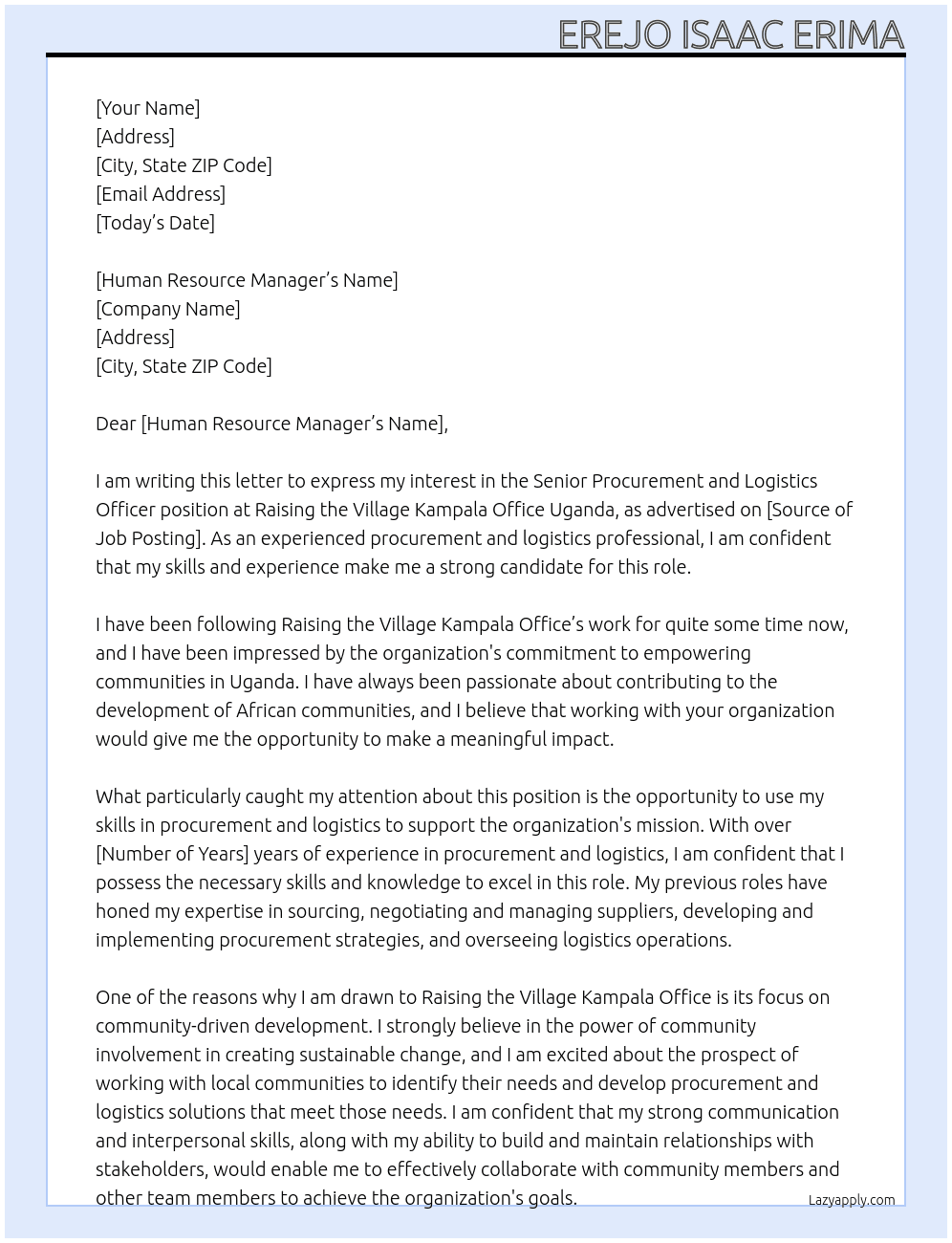 Senior Procurement and Logistics Officer At Raising the village Kampala office Uganda  Cover Letter