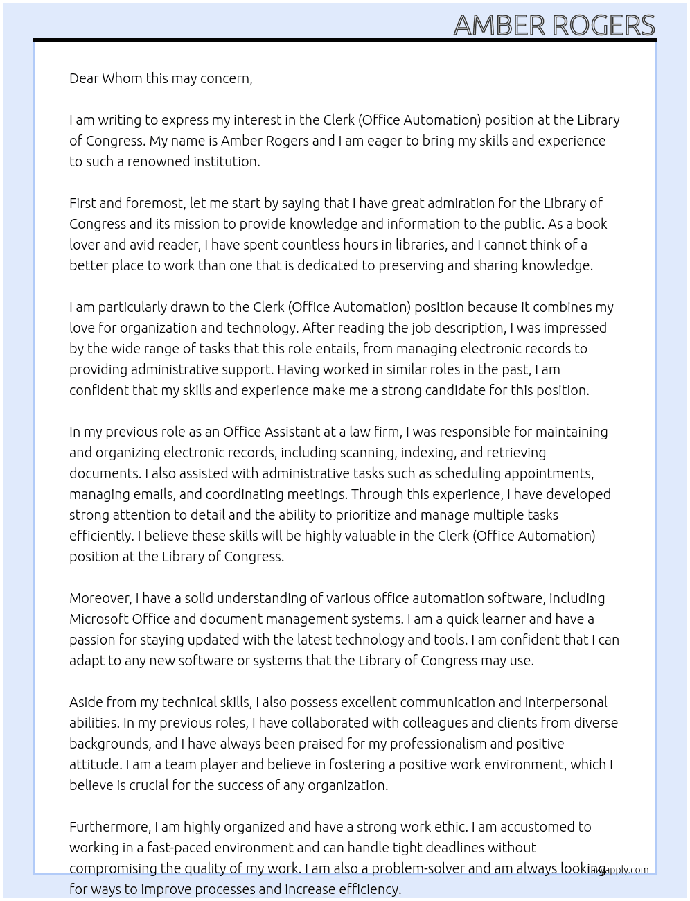 Clerk (Office Automation) At Library of Congress Cover Letter