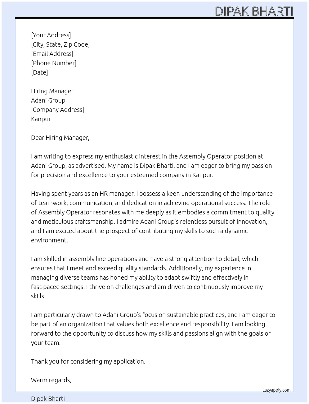 Assembly operator At Adani group Cover Letter