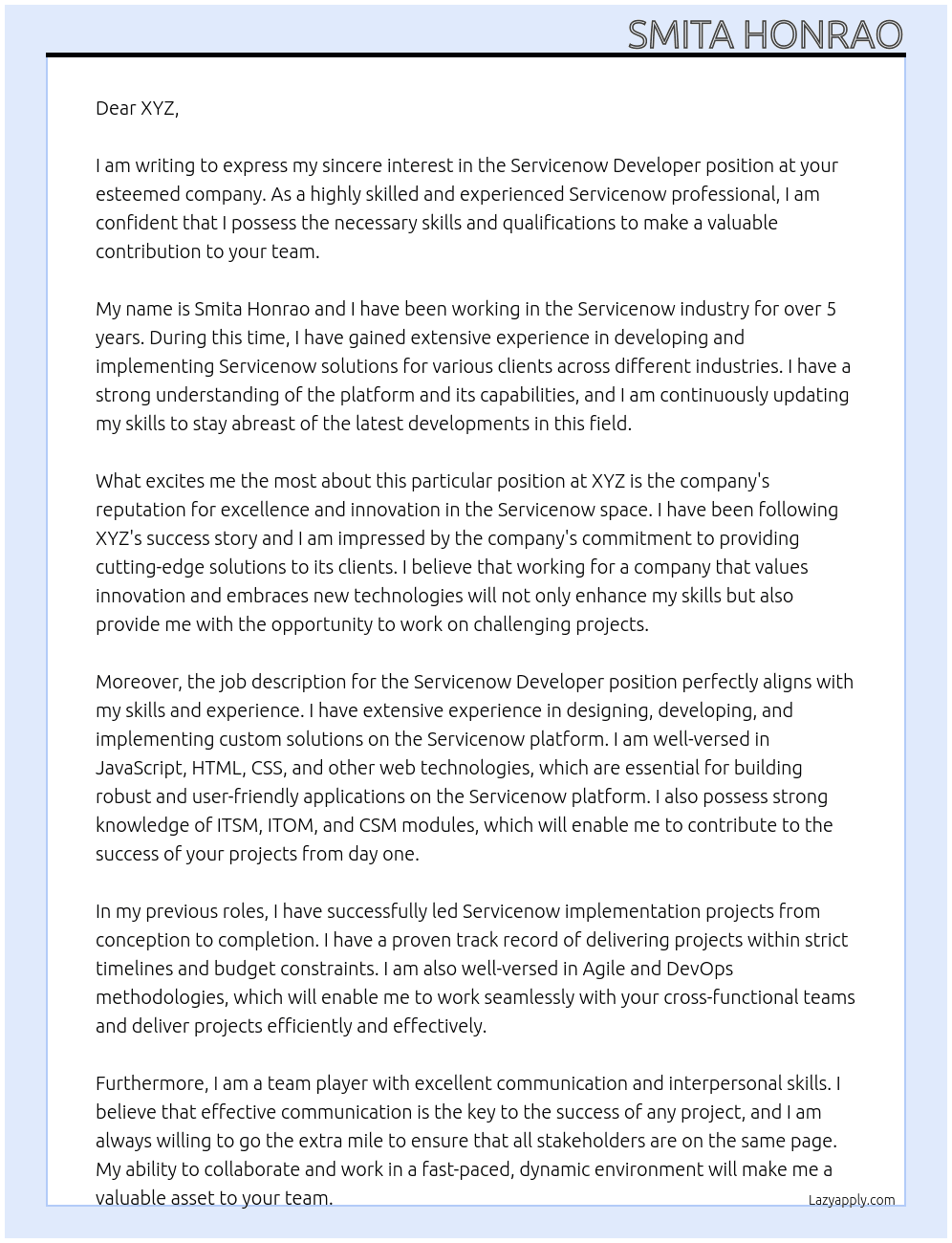 Servicenow developer At XYZ Cover Letter