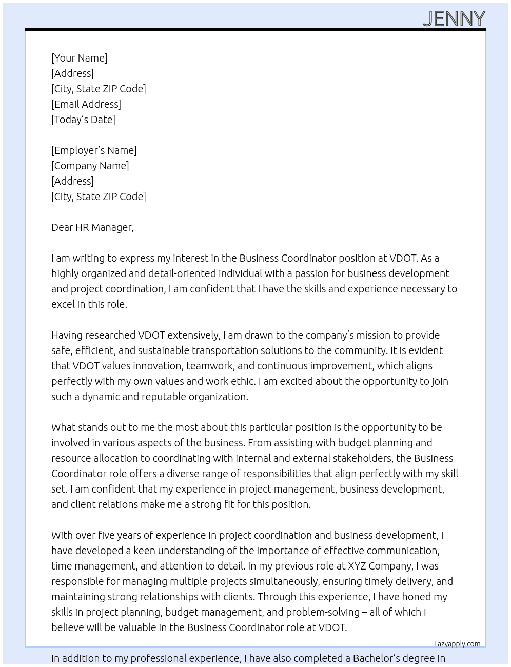 Business Coordinator At VDOT Cover Letter