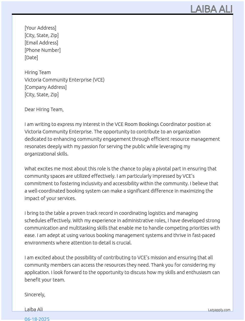 Cover letter for vce room bookings coordinator - LazyApply