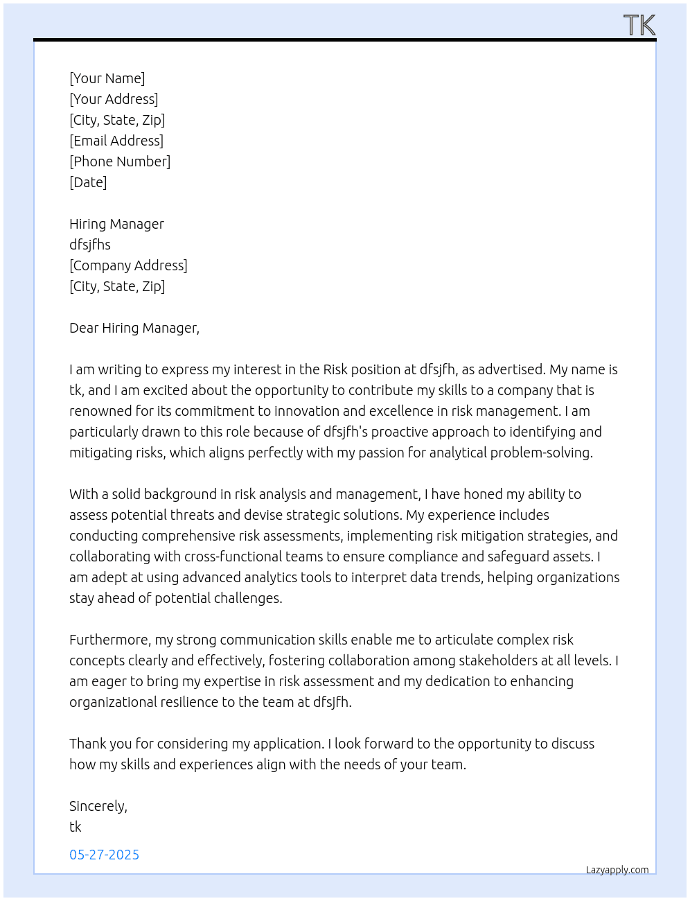 risk At dfsjfhs Cover Letter