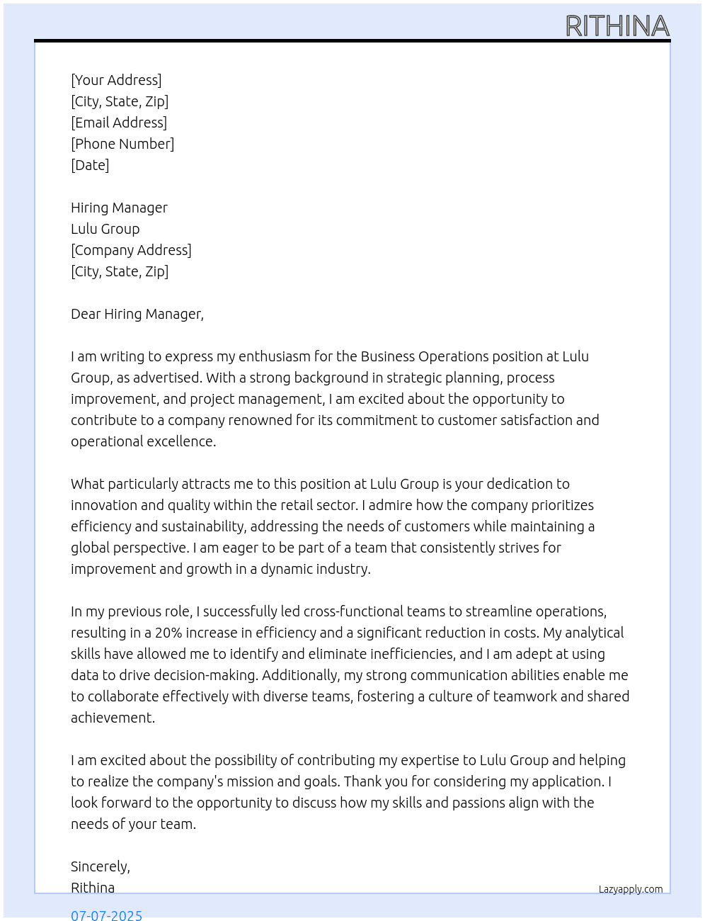 Business operation At Lulu Group Cover Letter