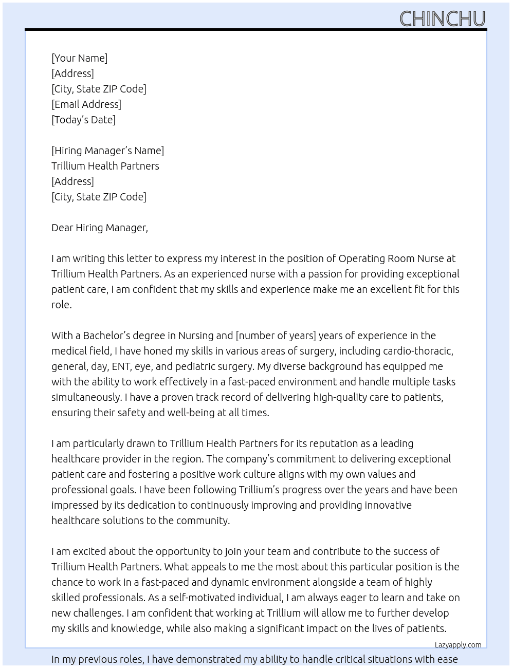 OPERATING ROOM NURSE At Trillium Health Partners Cover Letter